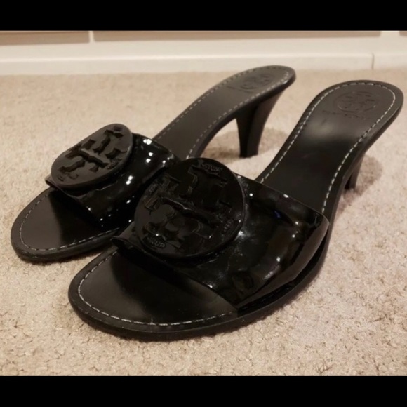 Tory Burch Aerin Black Patent Heels Slides - 6.5